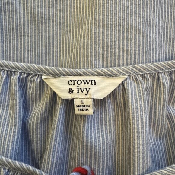 Crown & Ivy Blue Pinstripe 100% Cotton 3/4 L/S Red Embroidery Shirt Size L - Picture 3 of 8